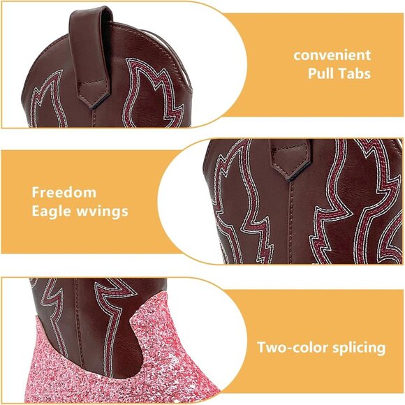 xinlanlin Kids Sequins Pink Embroidered Square Toe Mid Calf Glitter Western Boot - Picture 4 of 6